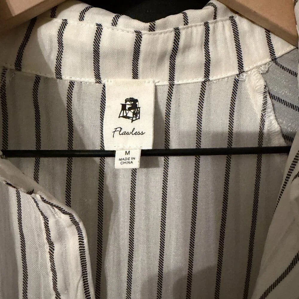 Womens Oversized Sheer Striped Blouse Balloon Sleeves White Black Medium - Picture 2 of 5